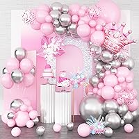 Pink and Silver Balloon Garland Arch Kit, 18/12/10/5 Inch Pastel Pink Silver Party Balloon with Pink Crown Foil Balloons for Princess Girls Baby Shower Wedding Birthday Party Decor