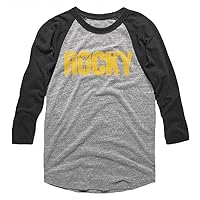 Rocky Raglan T-Shirt Distressed Yellow Logo 3/4 Sleeve Grey/Smoke Tee