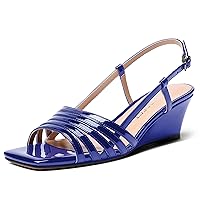Women's Open Toe Slingback Outdoor Patent Casual Slip On Square Toe Wedge Low Heel Pumps Shoes 2 Inch