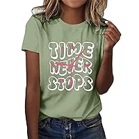 Trendy Athletic Tops for Women Short Sleeve Time Never Stops 2024 Womens T Shirts Casual Crewneck Cute Workout Shirt Green