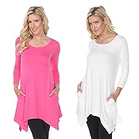 Women's Pack of 2 White Quarter Sleeve Relaxed Tunic Top with Side Pockets