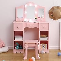 Kids Vanity Table, Girls Vanity with Tri-Folding Mirror, Drawer,Open Storage Shelves, Wood Makeup Playset with Chair, Princess Vanity Table for Toddlers