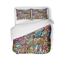 Duvet Cover Set Queen/Full Size Music Sports Collage on Large Brick Wall Graffiti Urban 3 Piece Microfiber Fabric Decor Bedding Sets for Bedroom