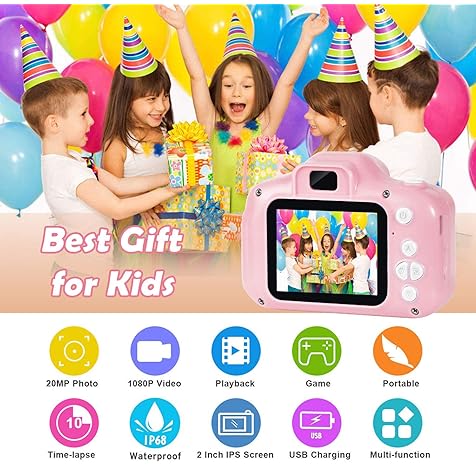 Kids Waterproof Camera for 3-12 Year Old Girls Christmas Birthday Gifts, HD Video Children Digital Cameras, Portable Toddler Toys for 3 4 5 6 7 8 9 Year Old, 2 Inch IPS Screen with 32GB Card (Pink)