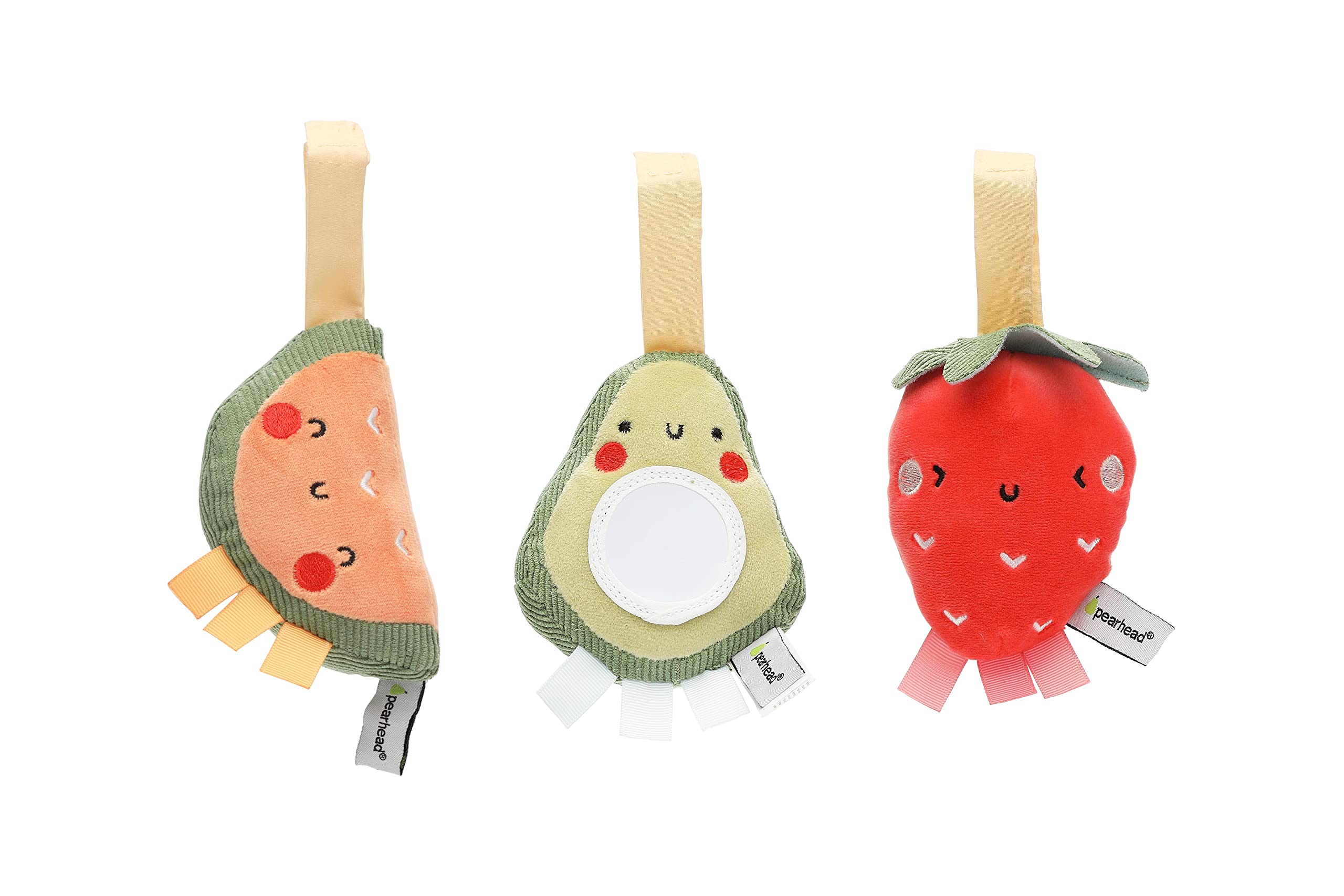 Pearhead Fruit Stroller Toys, Plush Corduroy Baby Travel Car Seat Toy Set, Baby Hanging Interactive Toys, Gender-Neutral Baby Travel Accessories, Strawberry Avocado Watermelon Set of 3