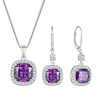Princess Cut Jewelry Set for Women 925 Sterling Silver Amethyst February Birthstone Necklace Halo Dangle Drop Leverback Earrings Jewelry Gifts for Her