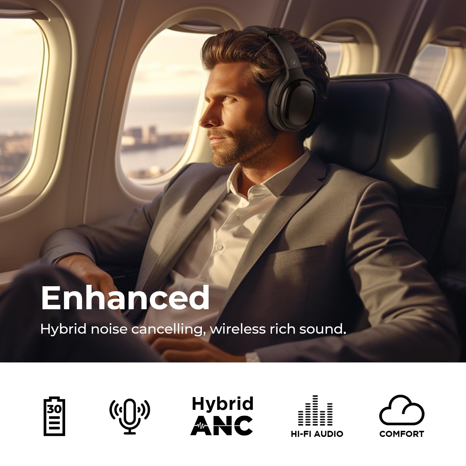 tapaxis Experience Unparalleled Sound with Hybrid Active Noise Cancelling Wireless Headphones - Bluetooth Over Ear Headphones with Travel Case, Protein Earpads, 30H Playtime, Black