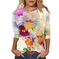 Going Out Tops for Women, Women's Loose Casual Floral Print Round Neck Three-Quarter Sleeves