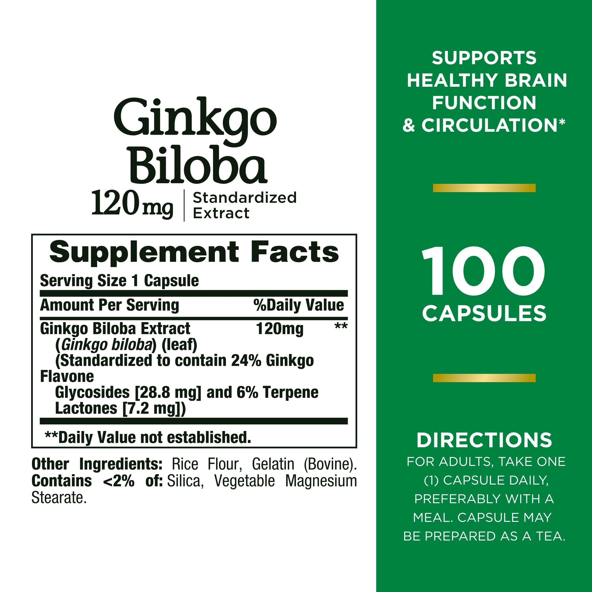 Nature’s Bounty Ginkgo Biloba Capsules 120mg, Memory Support Supplement, Supports Brain Function and Mental Alertness, 100 Capsules