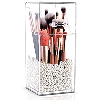 Makeup Brush Holder Organizer, Dustproof Cosmetics Brush Storage with White Pearls