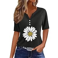 Womens Tops Spring Summer Plus Size Loose Workout Tops 2024 Casual Henley V Neck Short Sleeve Boho Tunic Shirts