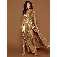 Women's Dress Plunging Neck Split Thigh Metallic Dress (Color : Gold, Size : Large)