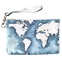 Makeup Bag 9.5 x 6 inch Blue Art Print PU Leather Toiletry Zipper Travel Case Portable Organizer Design Continents Paint Map World Strap Accessories New Cosmetic Storage Watercolor Purse Pouch