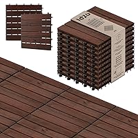 Interlocking Deck Tiles - 10PCS Waterproof Acacia Wood Patio Tiles, Flooring Tiles for Both Indoor and Outdoor - Decking Stripe Pattern, Dark Brown, 12 x 12 x 0.9 inches
