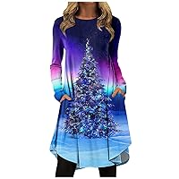 Women's Dresses Winter Fashion Casual Christmas Printed Round Neck Pullover Loose Long Sleeve Dress, S-3XL