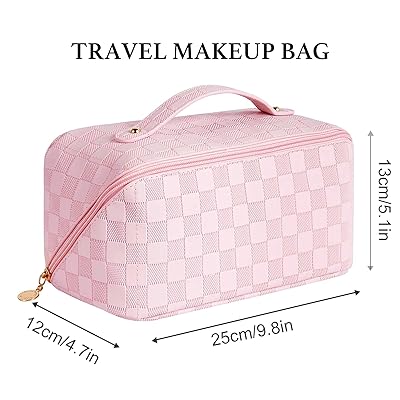 YUNZSXJY Large Capacity Cosmetic Bag Travel Makeup Bag for Women with  Portable Handle, Opens Flat Multifunctional Checkered Makeup Bag Waterproof  PU