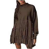 Crewneck Sweatshirt Dress for Women Trendy Fall Long Sleeve Pullover Mini Dresses Drop Shoulder Pleated Tunic Dress