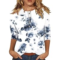 Summer Casual Fashion Womens 3/4 Length Sleeve Tops Button Down Printed Shirts Three Quarter Length Sleeve Blouse