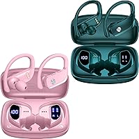 bmani 2 Sets Wireless Earbuds Bluetooth Headphones 48hrs Play Back Sport Earphones with LED Display Over-Ear Buds with Earhooks Built-in Mic Headset for Workout Pink+Green