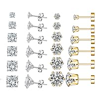 12 Pairs Hypoallergenic Stainless Steel Stud Earrings Set Cubic Zirconia 20G Surgical Steel Gold Silver Earring for Women Girls Men