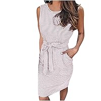 Women Bowtie Belted Trendy Stripes Pencil Dresses Sleeveless Crewneck Dressy Casual Summer Pockets Sheath Dress