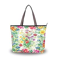 Spring Tote Bag for Women with Zipper Pocket Polyester Tote Purse Flower Handbag