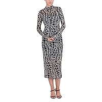 BCBGMAXAZRIA Women's Long Sleeve Mock Neck Printed Pullover Midi Dress