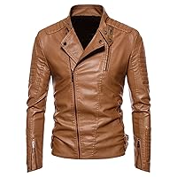 Motorcycle Faux Leather Jacket for Men Vintage Asymmetric Zip Lapel PU Jackets Punk Irregular Zipper Moto Biker Coat