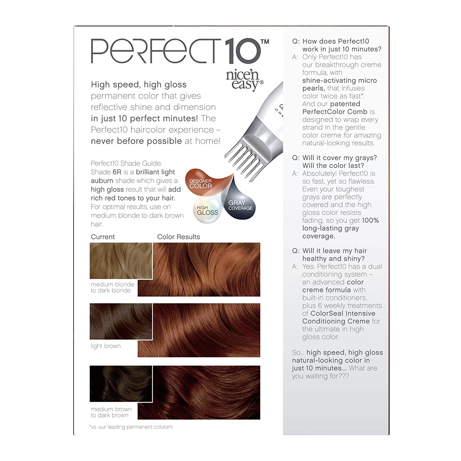 Clairol Nice'n Easy Perfect 10 Permanent Hair Dye, 6R Light Auburn Hair Color, Pack of 1