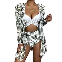 Women's 3 Piece Swimsuits Printed High Waist Triangle Bikini Bathing Suit Mesh Ruched Flowers Beach Cover Up Swimsuits