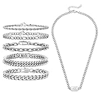 VNOX 5 Pcs Solid Stainless Steel Bracelet Set + Silver Initial Necklace for Men