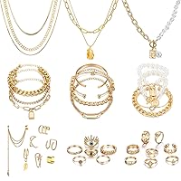 IFKM 36 PCS Gold Plated Jewelry Set with 4 PCS Necklace, 11 PCS Bracelet, 7 PCS Ear Cuffs Earring, 14 Pcs Knuckle Rings for Women Girls Valentine Anniversary Birthday Friendship Gift