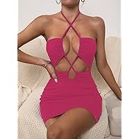 Dresses for Women Women's Dress Cut Out Tie Backless Halter Bodycon Dress Dresses (Color : Hot Pink, Size : Small)
