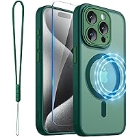ROYBENS for iPhone 15 Pro Matte Clear Case Compatible with Magsafe, Full Camera Lens Protection, Screen Protector, Wrist Strap, Translucent Magnetic Slim Hard Protective Phone Cover, Green