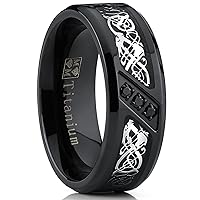 Metal Masters Co. Men's Titanium Wedding Ring Band with Dragon Design Carbon Fiber Inlay Cubic Zirconia