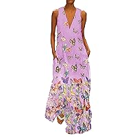 Andongnywell Women Loose Summer Dress Sleeveless V Neck Maxi Dress Butterfly Print Bohemian Dress Oversize Long Dresses