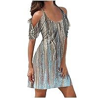 Bohemian Geometric Print Cold Shoulder Beach Mini Dress for Women Petite Summer Short Sleeve Dresses Boho Sun Dress