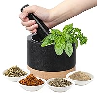 Mortar and Pestle Set with Wood Base, Granite Grinder Bowls for Guacamole, Polished Non Scratch Salsa Avocado Bowl, Cooking Spices and Seasoning, Kitchen Accessories