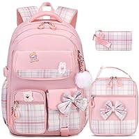 Girls Backpack - 3PCS Backpack for Girls Cute School Backpacks for Girls Kindergarten Elementary Preschool Middle Kids School Bags with Lunch Box Pencil Case Set (Pink)