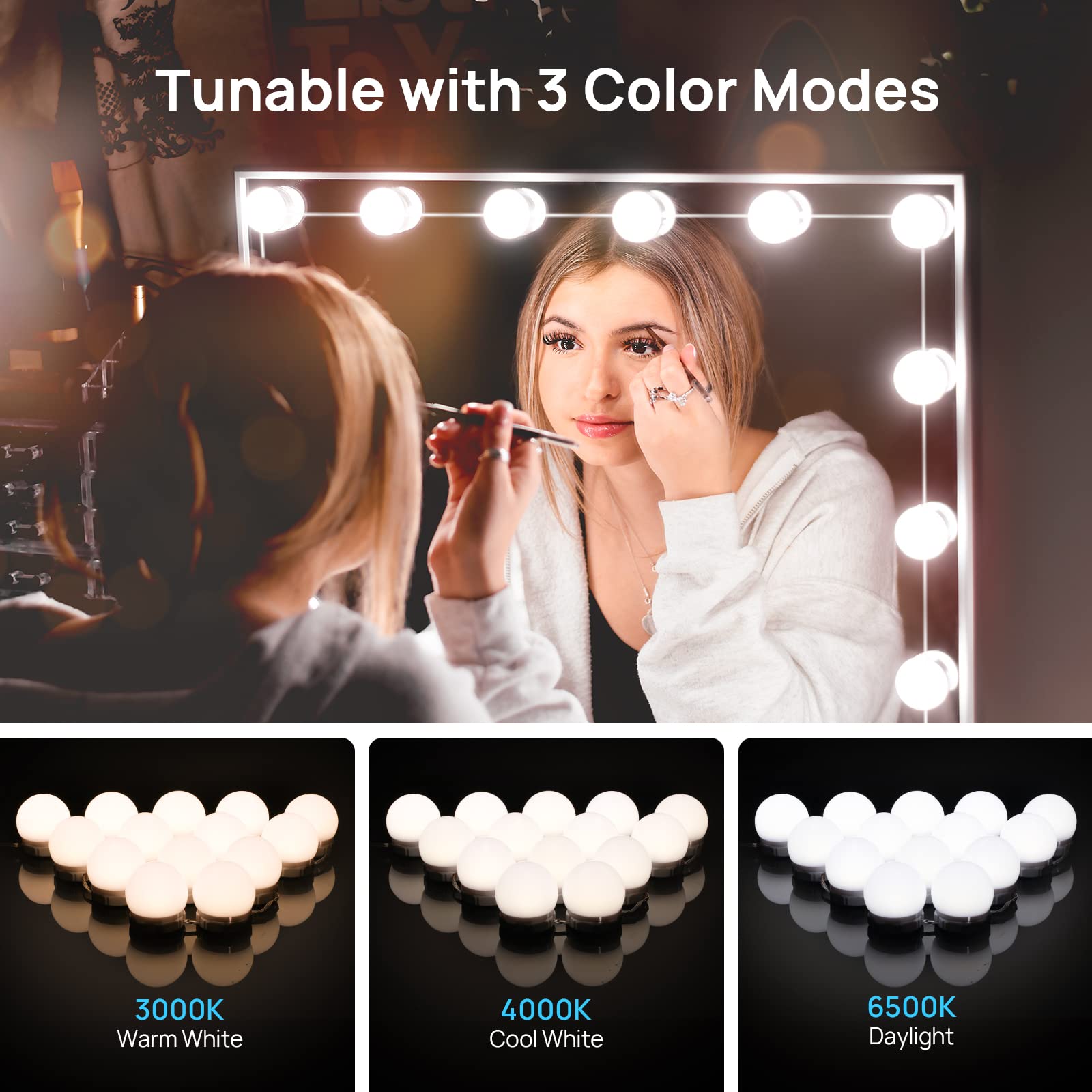 LED Vanity Lights For Mirror, Consciot Hollywood Style Lights With 14 Dimmable Bulbs, Adjustable Color & Brightness, USB Cable, Mirror Lights Stick on for Makeup Table Dressing Room Mirror,White