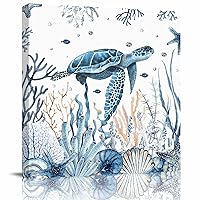 Framed Canvas Wall Art for Living Room Ocean Sea Turtle Seaweed Wall Decor, Starfish Shell Conch Blue Aesthetic Paintings for Bedroom Office Kitchen Bathroom, Ready to Hang Wall Pictures 12x12 Inch