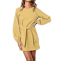 PRETTYGARDEN Women's Elegant Long Lantern Sleeve Short Dress Crewneck Tie Waist Knit Cocktail Dress