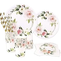 Floral Paper Plates, 24 Guests, Dinner Plates, Dessert Plates, Cups, Gold Paper Straws and Napkins for Baby Shower, Bridal Shower, Anniversary, Birthday Party, Party Supplies Decoration, Pink