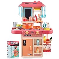 Kitchen Play Set with Accessories- Mini Kitchen Set with Realistic Light Sound Steam Simulation- Indoor Games Cooking Playset with Water Outlet- Toys for Toddlers Children & Girls