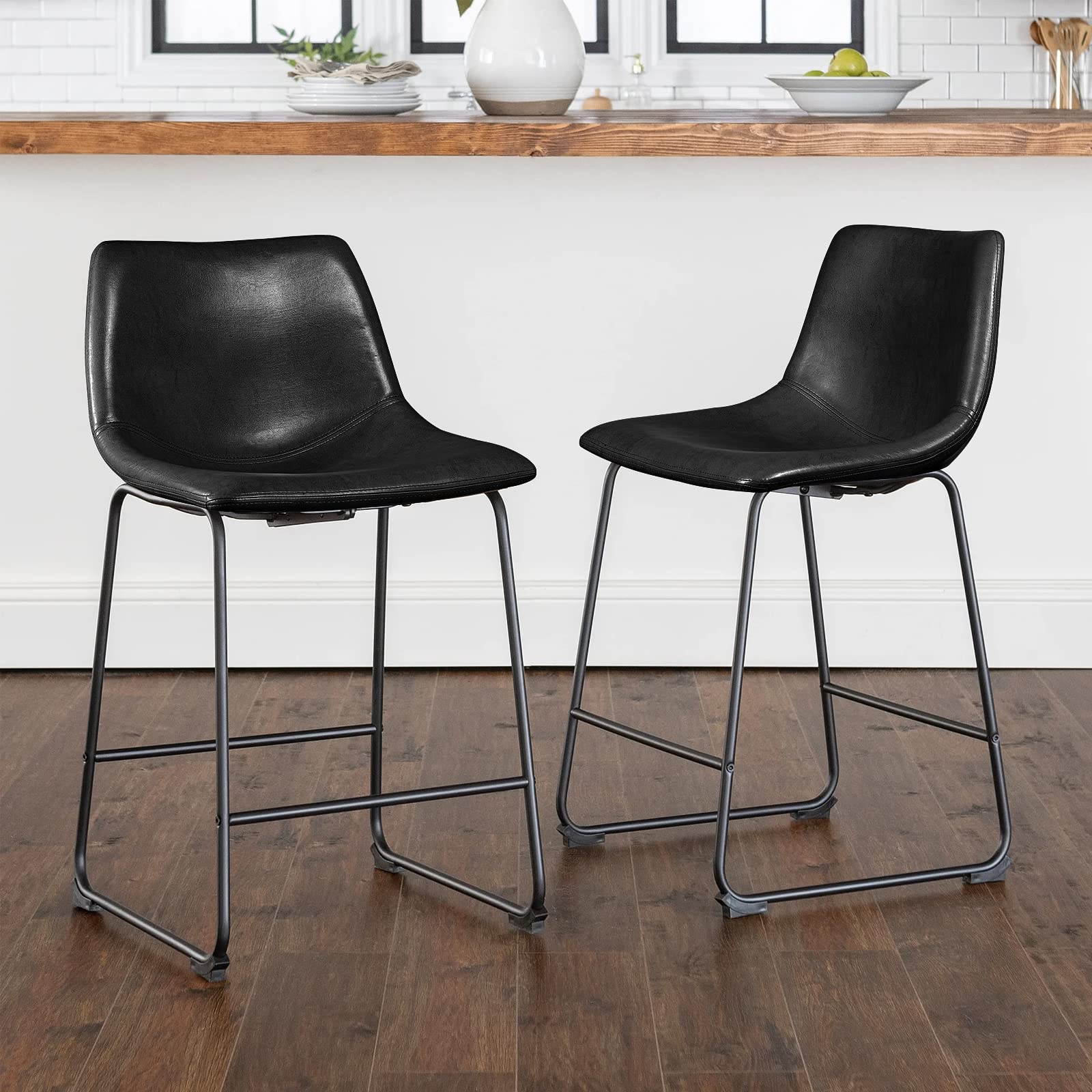 LEMBERI 26 inch Bar Stools PU Leather Counter Height Stools, Modern Style Upholstery with Metal Leg and Backrest Armless Bar Chairs, Dining Chairs ...