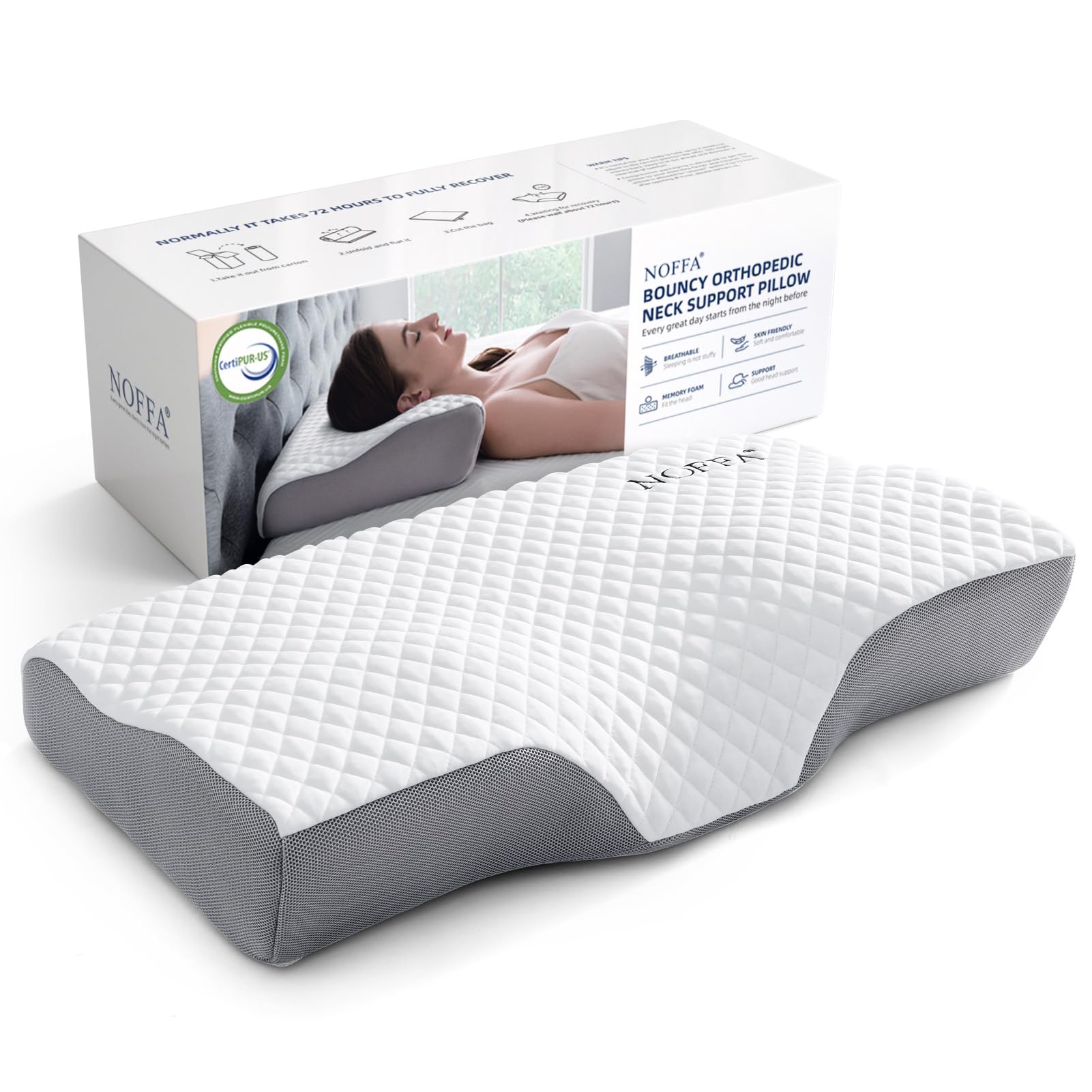 NOFFA Pillow with Neck Support for Sleeping,Cervical Pillow for Side Sleepers,Cooling Gel Memory Foam Neck Pillow,Contoured Pillow,Cervical Spine Pillow