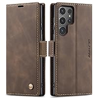 QLTYPRI Case for Samsung Galaxy S24 Ultra, Vintage PU Leather Wallet Case Card Slot Kickstand Magnetic Closure Shockproof Flip Folio Case Cover for Samsung Galaxy S24 Ultra - Coffee Brown