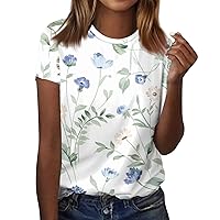 Short Sleeve Shirts for Women,Womens Going Out Tops Flower Print Round Neck Casual Shirt Summer Tops for Women 2024