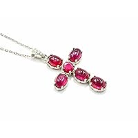 8.90 Cts. Natural 7X5 MM Oval Ruby Cabochon Gemstone Holy Cross Pendant Necklace 925 Sterling Silver July Birthstone Ruby Jewelry Wedding Necklace Gift For Her (DP-8457)