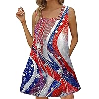 4Th of July Outfits for Women, Womens Casual Square Neck Sleeveless Pleated Tank Print Beach Dress, S, 3XL